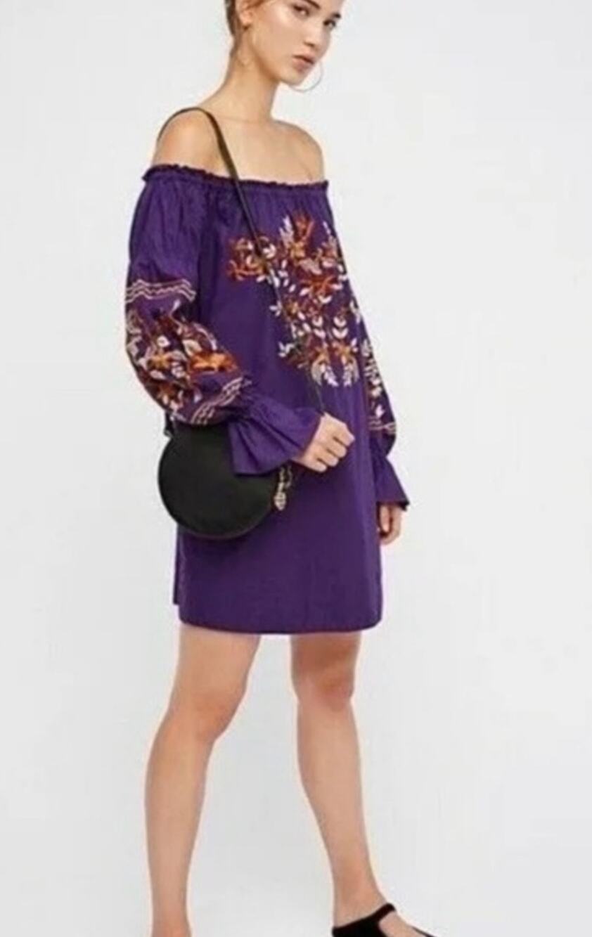 Free People Fleur De Jour Floral Embroidered Long Sleeve Mini Dress Purple Med